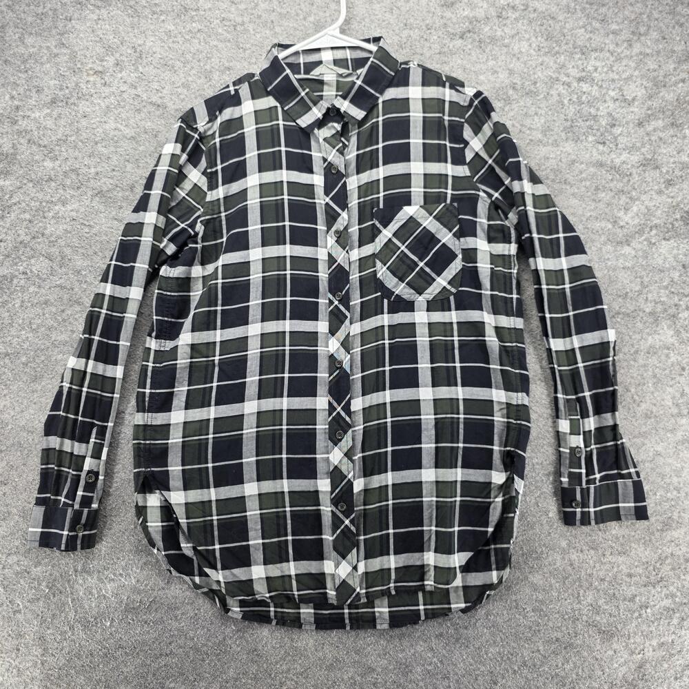 Athleta Shirt Womens Small Black Green Plaid Button Down 100% Cotton Tunic
